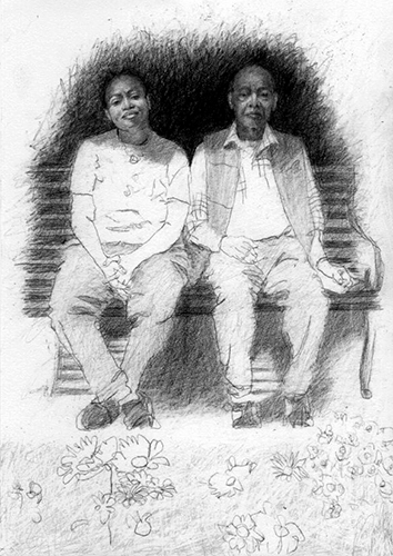 A double portrait, drawing of a father and his daughter. They are sitting on a bench in the park, surrounded by flowers.