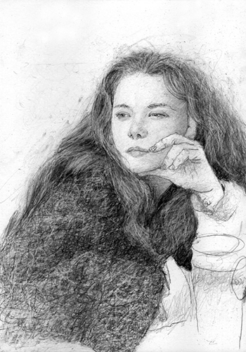 A drawing of a young woman in black and white. She has long flowing hair and is wearing a big wooly bouclè coart, wrapped up as she stares out. She is nursing a pint of beer. 