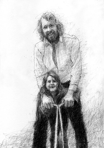 A double portrait, black and white. It shows a bearded father with his small gap toothed daughter in the 1970's.