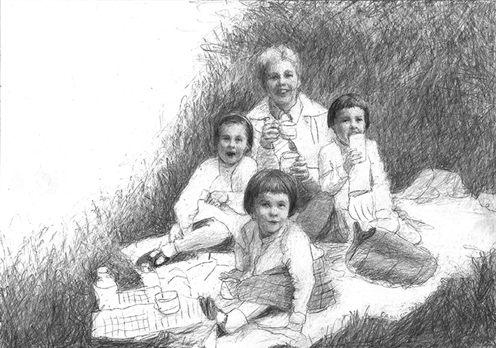 A landscape drawn portrait. A woman and her three small daughters are having a picnic. Black and white.