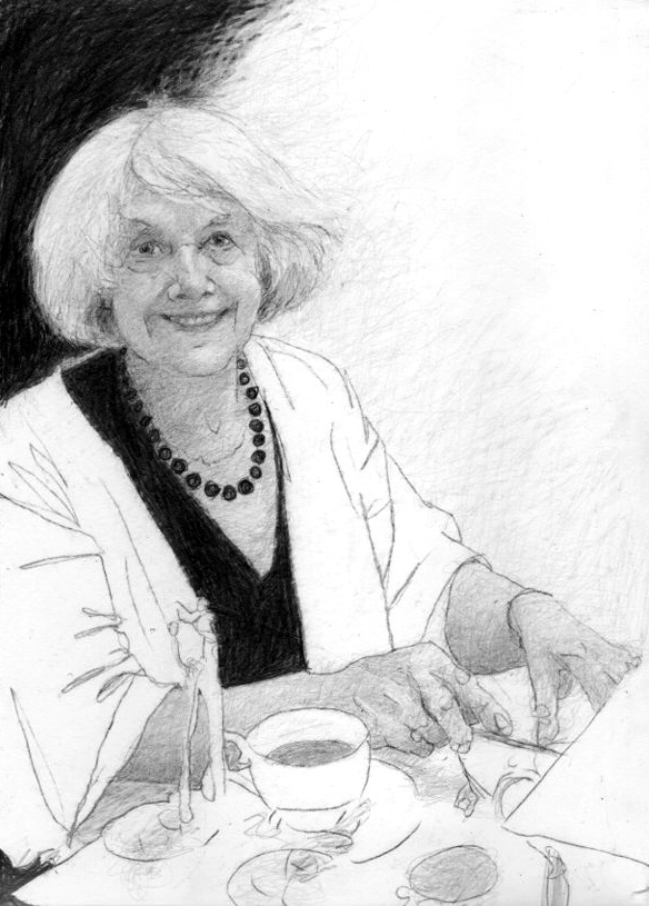 A black and white drawn portrait of an older woman having tea in a posh hotel. China tea sevice and white table cloth, shhe wears a white jacket and black pearls.