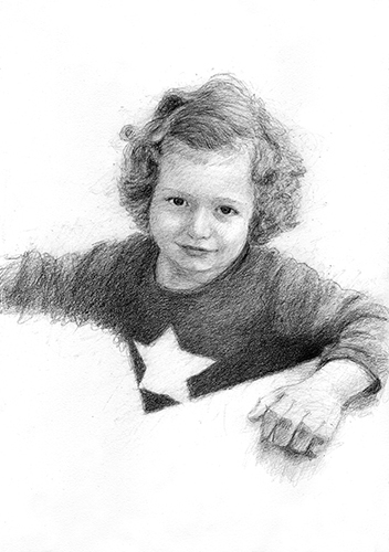 A black and white drawing of a young girl. She is wearing a star on her top, she hs cute curly hair and is smiling.
