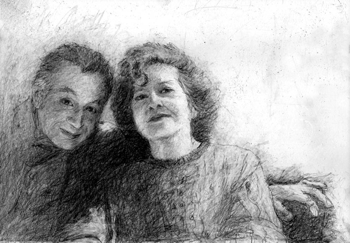 A landscape portrait of a middle aged couple, the man with his arm around his wife. They are smiling, the woman leans into her husband, his head towards hers. Black and white dirty drawing.
