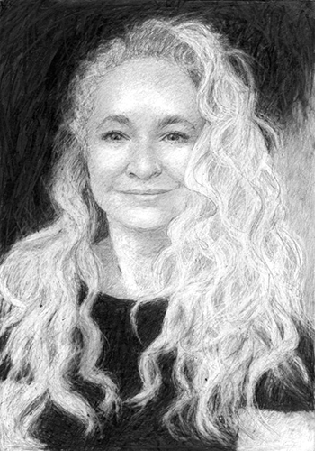 A black and white drawing showing a smiling woman, with beautiful, long blonde wavy hair. She wears a black T Shirt.