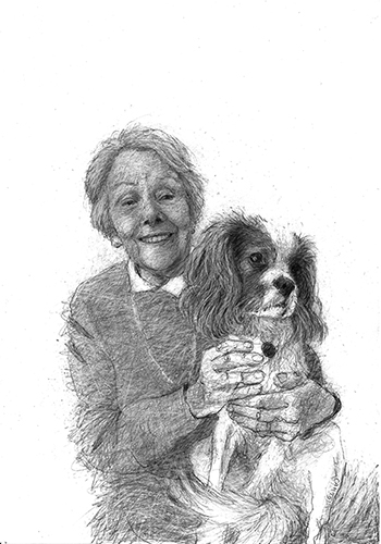 A drawn portrait in black and white of an older woman smiling and holding her King Charles Spaniel on her lap. The dog is looking away, his fluffy tail merging with the woman's skirt.