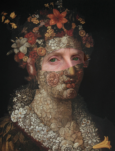 An oil portrait of a woman whose whole body is made from flowers. She wears a headress of flowers and a coat of leaves. They eys pf the artist are collaged on to the face of the subject. She has a strange unsmiking demeanour. After 16th century painter Arcimboldo, very surreal.