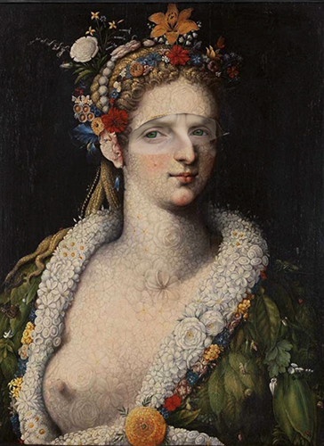 An oil portrait of a woman whose whole body is made from flowers. She wears a headress of flowers and a coat of leaves. They eys pf the artist are collaged on to the face of the subject. She has a strange unsmiking demeanour. After 16th century painter Arcimboldo, very surreal.