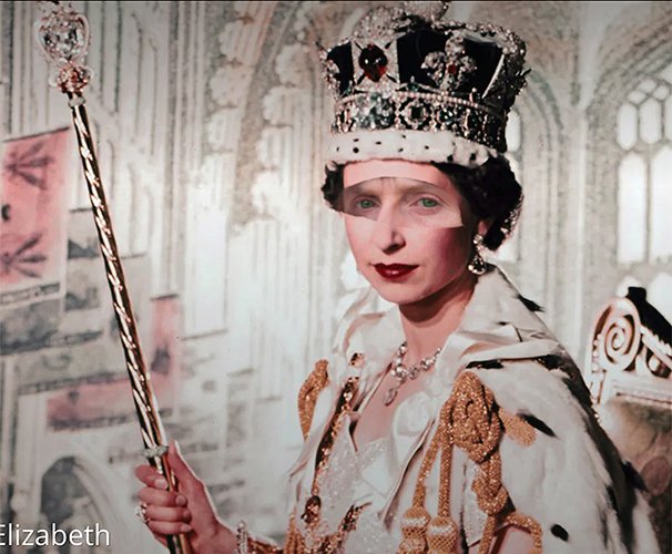 The Queen of England on her Coronation Day, she is wearing the crown jewels and holding a sceptre. The eyes of the artist are collaged onto her face, challenging the viewer 