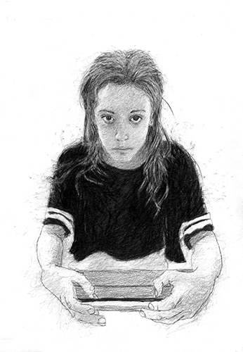 A drawn portrait of a teenage girl staring up at the viewer, with he big eyes. She is caught tapping on a hand held device. Black and white.