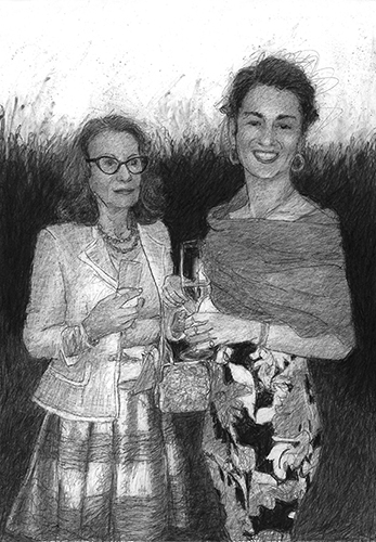 A drawing of a grandmother and granddaughter at a celebration, sipping champagne.The grandmother is wearing a shiny tafetta skirt, the graddaughter a beautiful patterned dress. They are smiling and carrying wine glasses.