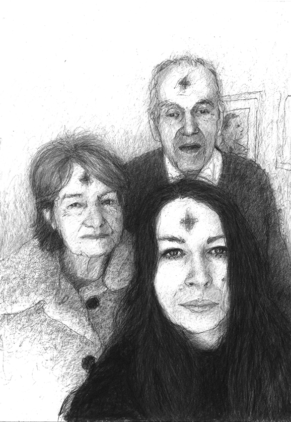 A triple portrait of a woman and her parents. They have just come back from mass and each one has a smudged cross on their forehead. In the background on the wall is a portrait of Patrick Pearse the Irish rebel leader..