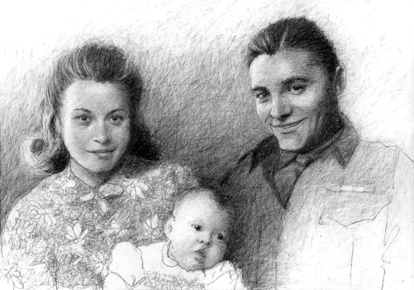 A triple portrait of a wartime soldier, his wife and their baby. He is in uniform, his wife has a 1940's hairstyle and baby is around 9 months. Black and white drawing.