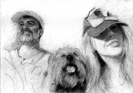 A drawing of a young couple and their dog, driving. The point of view is taken from the dashboard of a van.The man is driving and smiling on the left, the woman os on the right, leaning in to the viewer. The dog sits between them panting. 