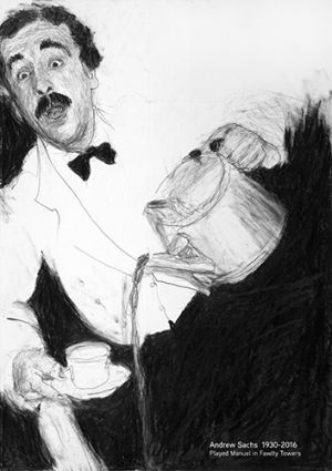A black and white drawing of actor Andrew Sachs as Maunel from TV sitcom Fawlty Towers. He is a waiter, pouring a cup of tea from a big pot, which he has missed. He looks shocked and clumsy