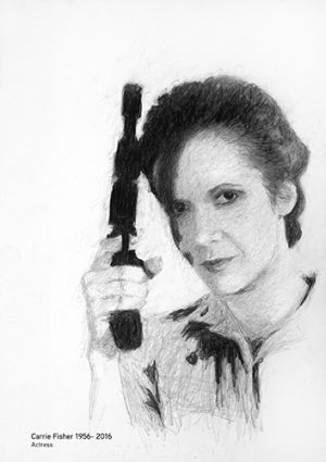 A drawing of Carrie Fisher as Princess Leia in Star Wars. She has her hair in a plait over her heard. She is holding a gun with a silencer.