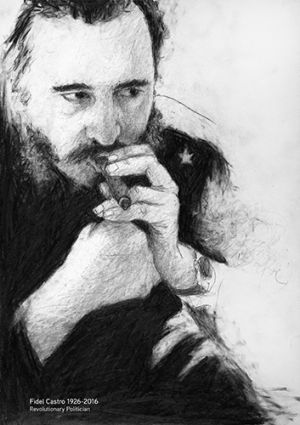 A drawing of Cuban President Fidel Castro. He fills the whole page, in his military garb. He is smoking a cigar. There is a star on his shoulder