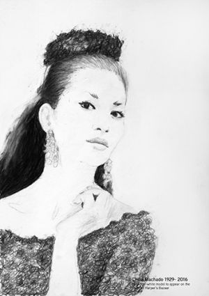 A drawing of a 1950's fashion model, her features are Asian. SHe has long black hair and is wearing dangling earrings and a feather hat, with a lace top.