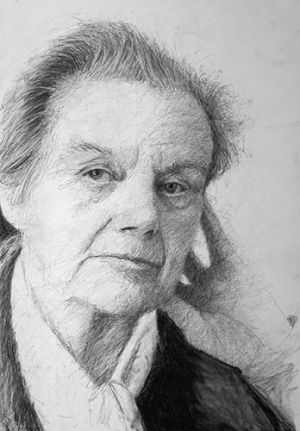 A drawing of war reprter Claire Hollingworth, in later life. She has many wrinkles which show the experience life has taught her. She looks at the viewer with hooded eyes. She is wearing a silk scarf and her hand is behind her ear as she leans on her elbow