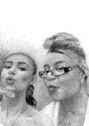 A black and white drawn portrait of a mother and daughter, the women are seen pouting, mum is wearing glasses and a headscarf. They are having fun.