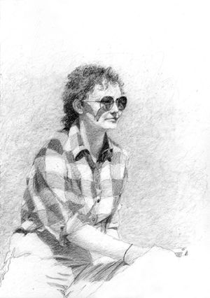 A black and white drawing of a woman wearing sunglasses. She is dressed 1970's style.