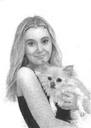 A black and white drawn portrait of a smiling young woman holding her slightly stoical, long haired chihuahua.
