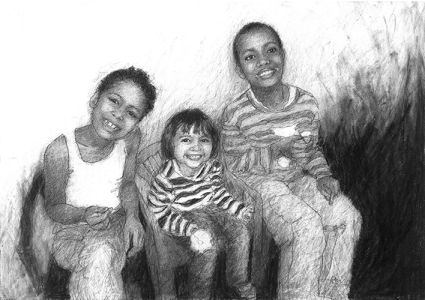 A landscape portrait of three smiling children eating ice cream. The boy on the right has his mouth smeared with cream. They look happy.