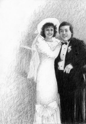 A black and white drawn portrait of a happy couple on their wedding day, she wears a hat, in the 1980's style, he wears a tuxedo and a dickie bow.