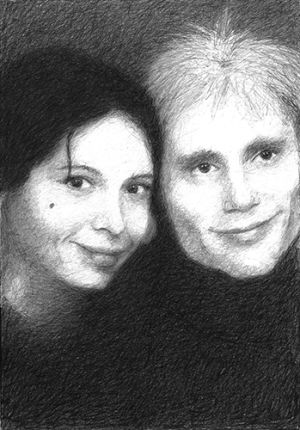 A black and white drawn portrait of a smiling couple. They are peering into the frame, her dark hair is offset by his blonde spikes. The give slight smiles.