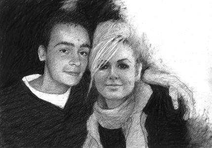 A Black and white double portrait of a young man and his older sister. He has his arm resting on her shoulder. They are looking at the viewer with slight smiles.