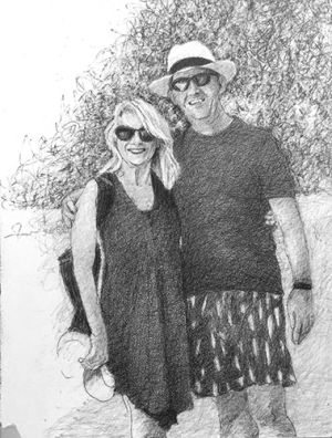 A black and white drawing of a couple on holiday. They have their arms around each other. The man wears a hat and jazzy patterned shorts. The woman has a dress and sunglasses. They are smiling.