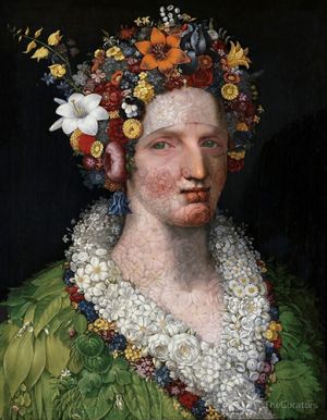 An oil portrait of a woman whose whole body is made from flowers. She wears a headress of flowers and a coat of leaves. They eys pf the artist are collaged on to the face of the subject. She has a strange unsmiking demeanour. After 16th century painter Arcimboldo, very surreal.