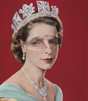 A young Queen Elizabeth wearing a diamond crown and necklace, she wears a pale green chiffon dress. The eyes of the artist are collaged onto the queens face. They are out of scale as she looks slightly to the left.